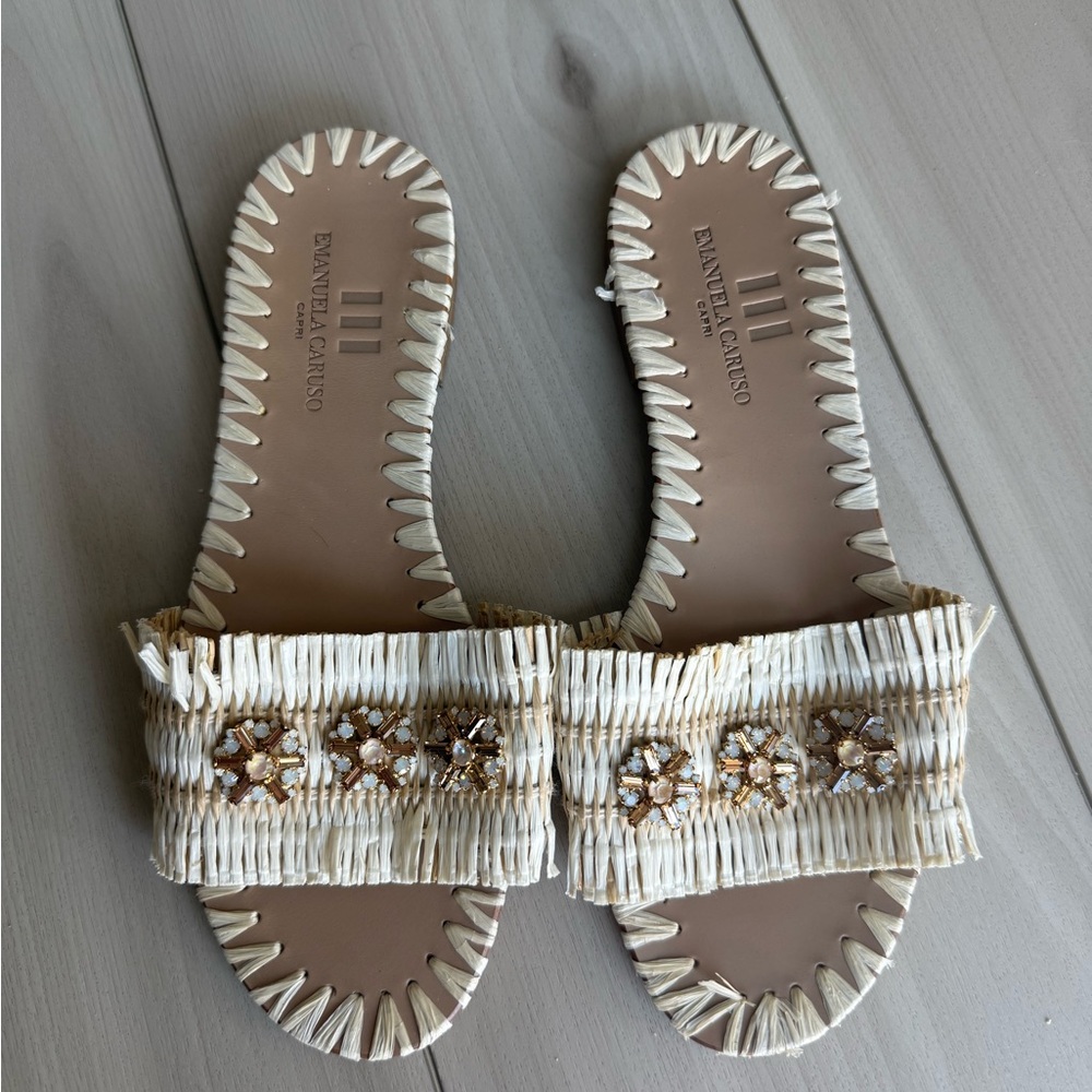 Cream Raffia Slide Sandals with Embellishment